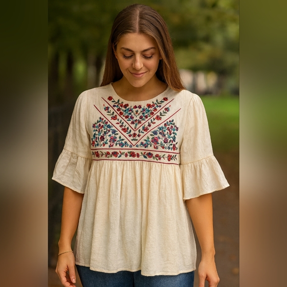 Umgee Tops - Umgee floral embroidered Bohemian swing top USA Women's size L